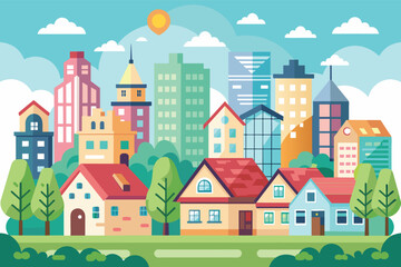 A vibrant illustration depicting a cityscape with various houses and buildings, set against a sunny sky with fluffy white clouds.