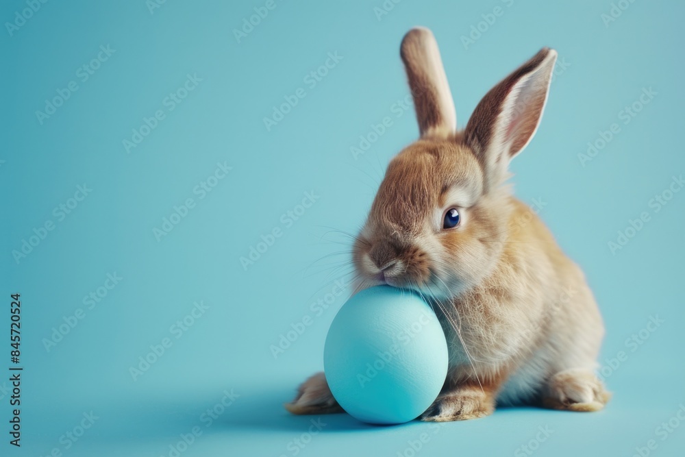 Canvas Prints A rabbit holds a blue egg in its mouth, a curious and unexpected scene