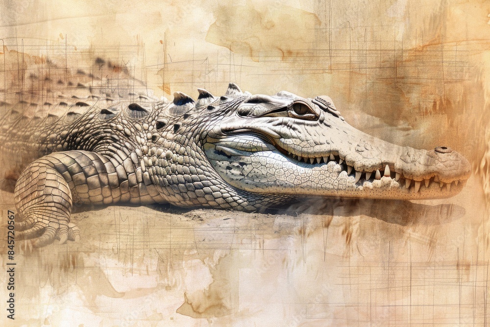 Poster a photograph of a crocodile's face with its mouth open, showing its teeth and tongue
