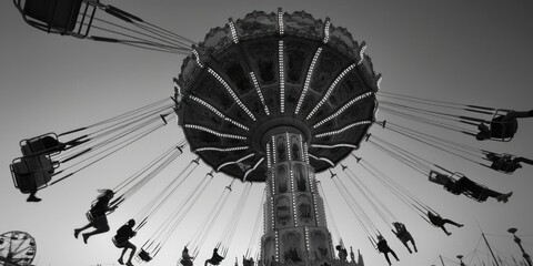 A black and white photograph of a classic carnival Ferris wheel in motion, suitable for use in nostalgic or vintage-themed contexts