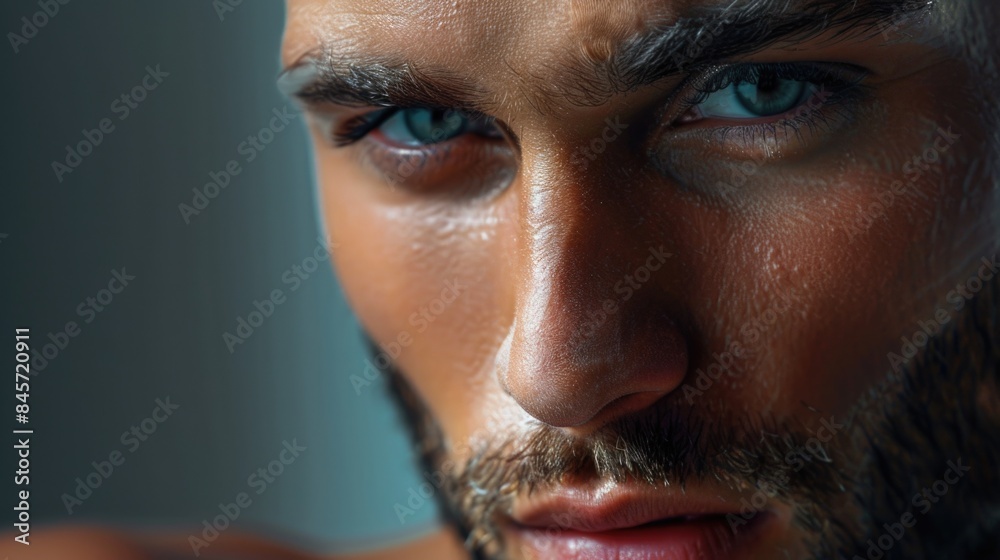Poster a close-up view of a bearded man's face