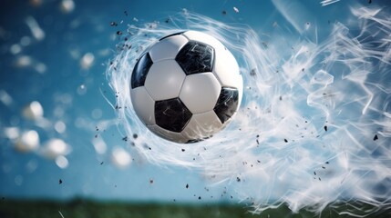 Naklejka premium close-up soccer ball suspended in mid-air just before hitting the back of the net