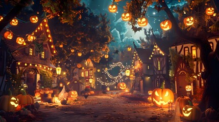 Enchanting Halloween Village with Glowing Jack-O'-Lanterns and Festive Decorations Under a Moonlit Sky