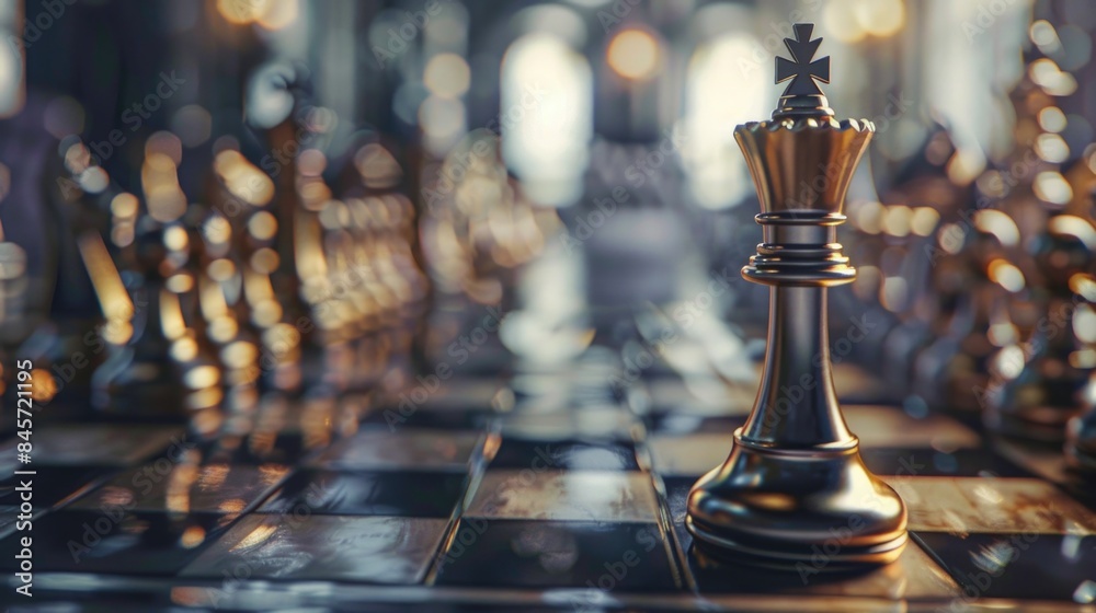 Poster close-up view of a chess piece on a chessboard, suitable for use in illustrations or educational mat