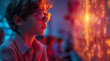 A young student in a futuristic classroom listens intently to a holographic teacher.