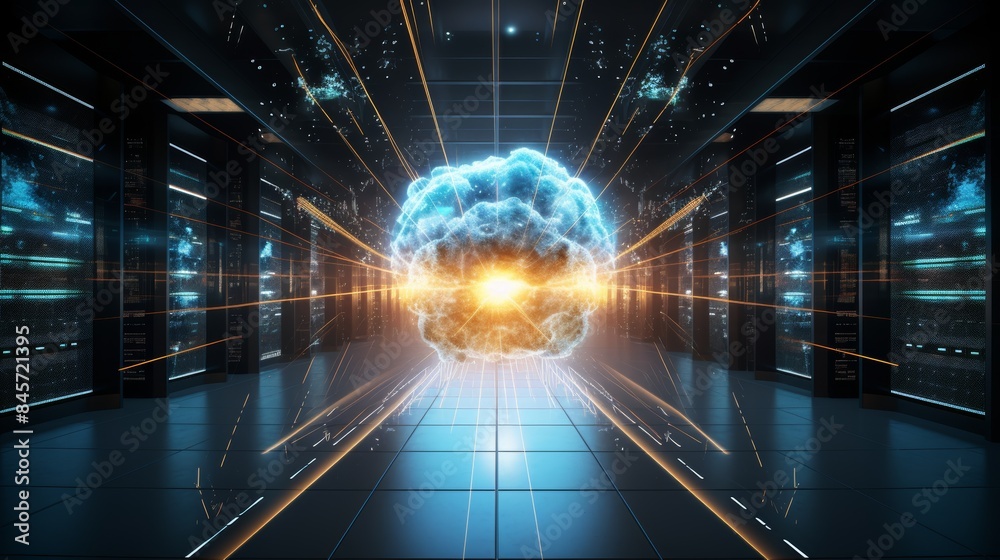 Poster data center bursting with energy, symbolizing the vast amount of information and communication that 