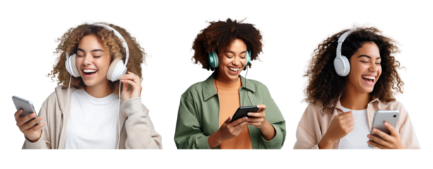 Happy women enjoying music png cut out element set