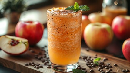 Fototapeta premium a sparkling apple smoothie at a clean and minimalistic coffee store, white background, luxurious offering, nicely decorated drink