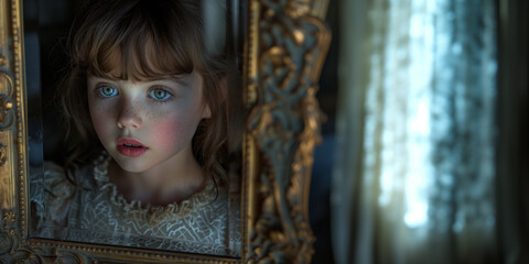 Fototapeta premium portrait of brunette; girl 8, 9 years old is holding frame and looking through; idea of loneliness, mental illness at young age, child's perspective, listening to kid, childhood impact to future