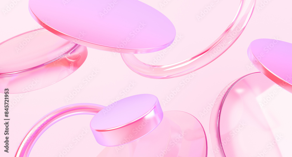 Fototapete glass disc shapes with colorful reflections composition. 3d rendering illustration.