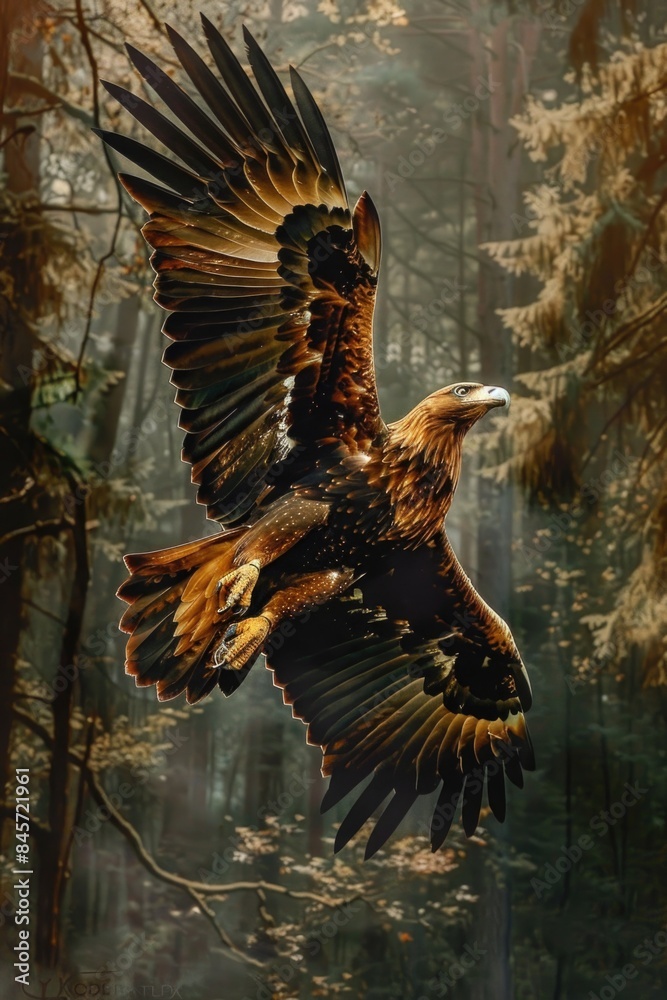 Poster A large bird soaring through a dense forest filled with tall trees