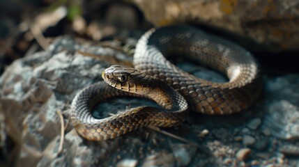 Obraz premium A snake sits on top of a rock, looking around