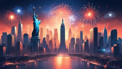 Art deco American Independence Day celebration background with a beautiful urban setting