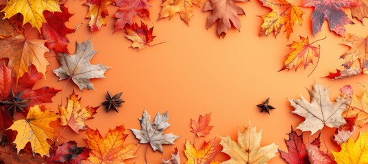 Autumn leaves on orange surface, top view with space for text placement in fall season theme