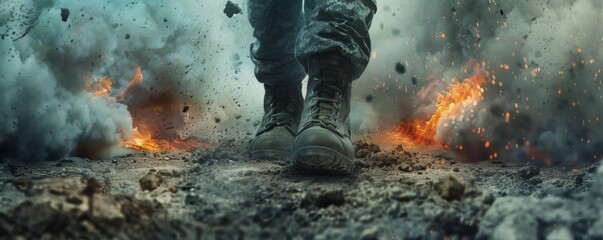 Soldier boots on battlefield with explosions and smoke, intense combat scene. Military action and conflict concept