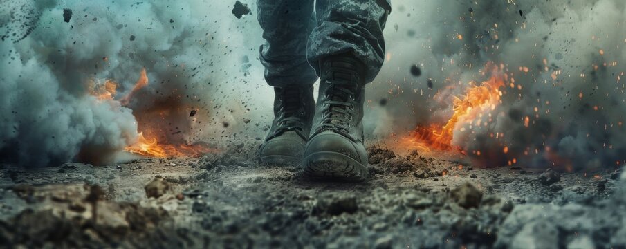 Soldier boots on battlefield with explosions and smoke, intense combat scene. Military action and conflict concept