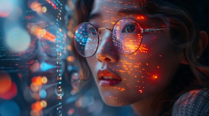 A close-up image of a student engaged in a virtual classroom, with holographic textbooks displayed in front of her.