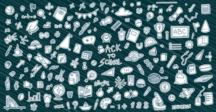 Set of stickers back to school. Vector graphic with elements of school, stationery, notebooks, magnifying glass, backpack, pen and more. Education concept.