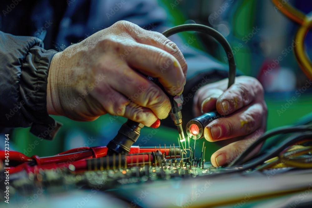 Poster a close-up shot of someone working on a circuit board, likely in an electronics manufacturing or rep