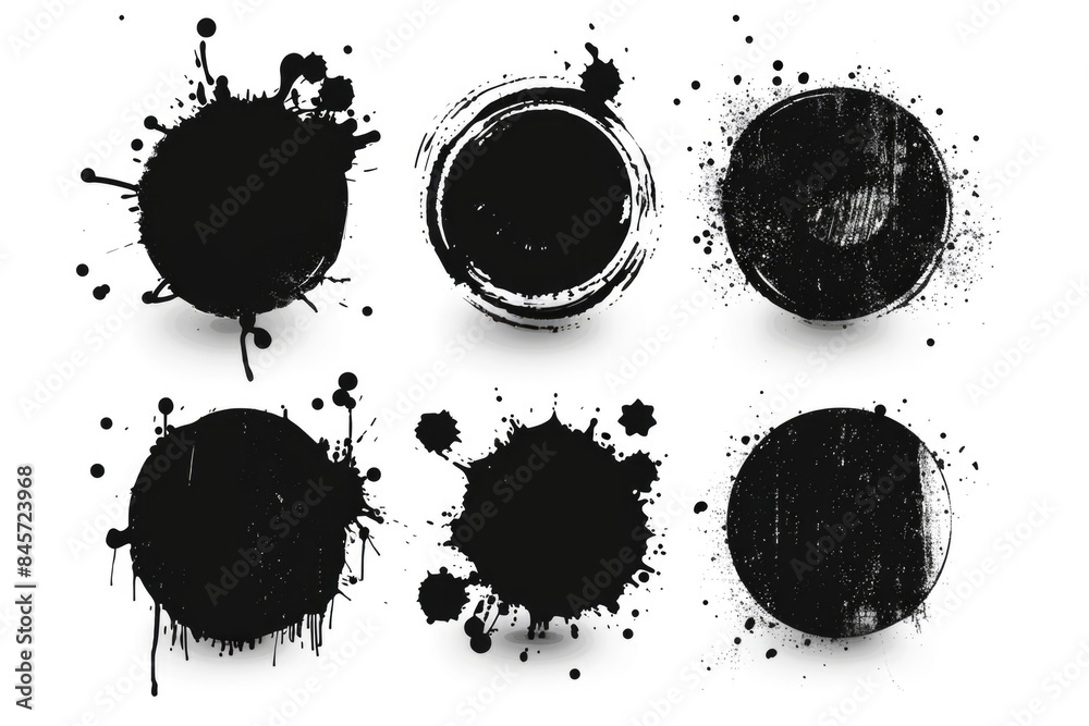 Poster a close-up shot of random black ink splatters on a white background, suitable for use in graphic des