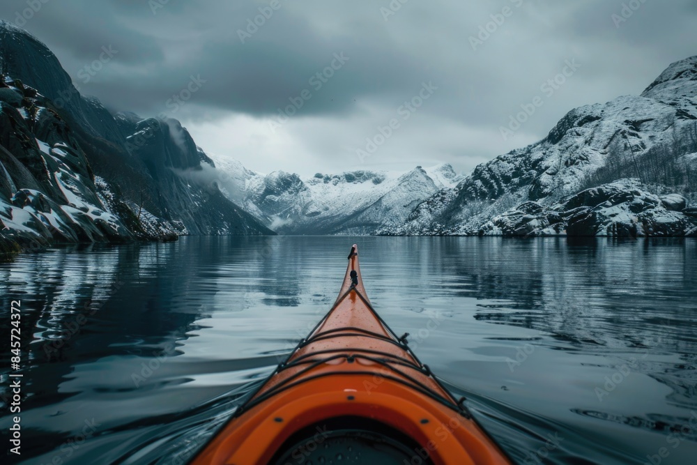 Poster Aerial view of mountains from a kayak perspective