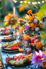Fototapeta premium A colorful table setting with various fruits and flowers