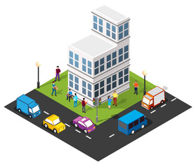 Isometric 3d module block district part of the city with a street road from the urban infrastructure of vector architecture. Modern white illustration for game design and business background