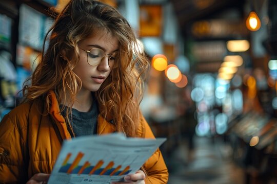 The girl reads a financial report with a histogram - Powered by Adobe