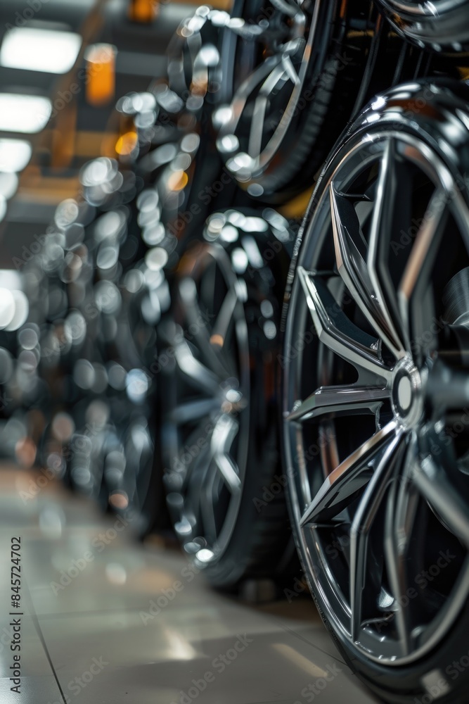 Poster A row of car tires displayed in a showroom for sale or display