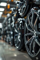 A row of car tires displayed in a showroom for sale or display