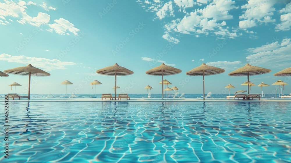 Poster a pool with umbrellas and chairs submerged in water