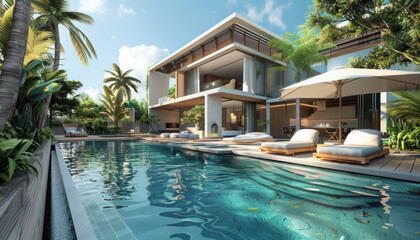 Obraz premium Luxury villa with big swimming pool interior outdoor -