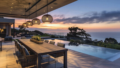 Fototapeta premium Modern luxury patio dining table with sunset ocean view 