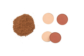 Makeup cosmetics. Eyeshadow in brown color crushed palette, colorful eye shadow powder on white background