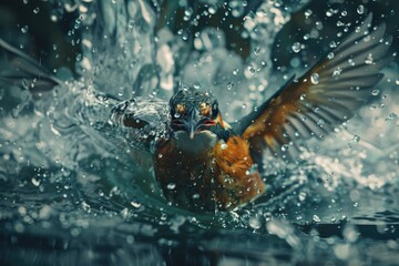 A bird is seen splashing water onto its own feathers, likely for grooming purposes