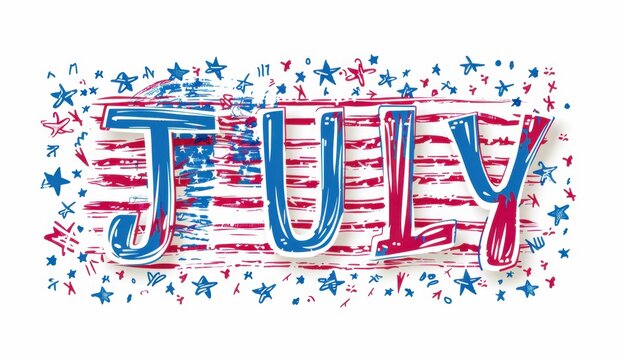 The word "JULY" typography with the american flag pattern on white background, clip art for july 4th , cartoon illustration style Generative AI