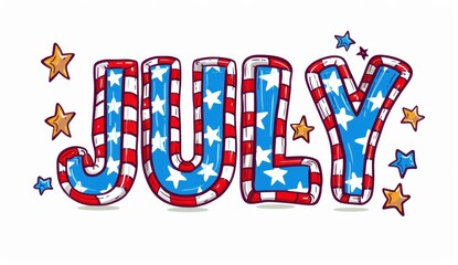 The word "JULY" typography with the american flag pattern on white background, clip art for july 4th , cartoon illustration style, isolated on a pure White Background Generative AI