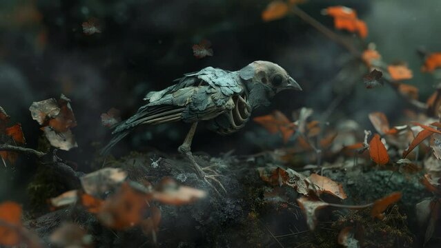 The skeleton of a bird in fallen leaves