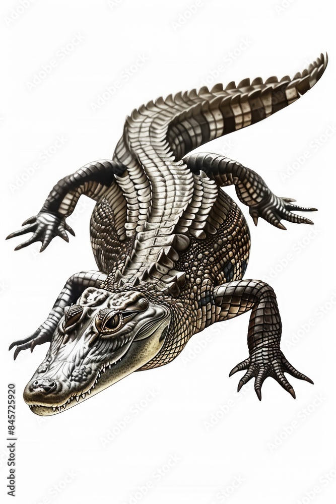 Poster a close-up shot of a large alligator's head and body on a white background, suitable for use in arti