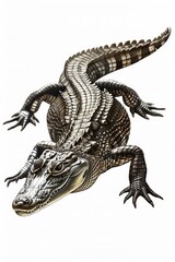 Fototapeta premium A close-up shot of a large alligator's head and body on a white background, suitable for use in articles or advertisements about reptiles, wildlife, or environmental conservation