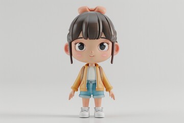 Playful chibi girl in summer attire, 3D vinyl toy model posing on a white backdrop, front view.