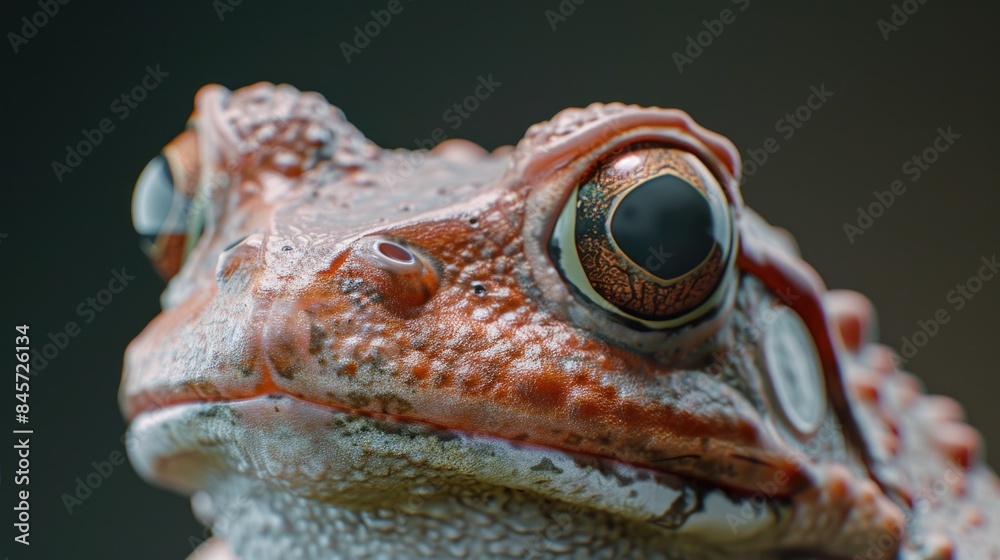 Poster A close-up view of a frog's face with a blurred background, suitable for use in wildlife or nature-themed projects