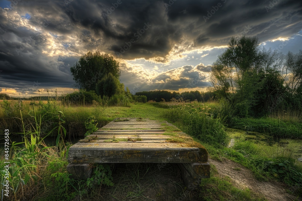 Poster a rustic wooden bridge spanning a tranquil small stream in an open field, perfect for use in rural o