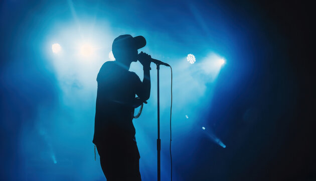 Silhouette of rap singer performing on stage. Bright blue background with hip hop artist performing on concert in night club 