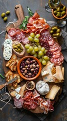 Close up of a charcuterie board with wine