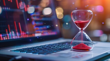 A red hourglass on laptop computer concept for time management