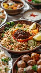 Several plates of food are arranged on a table with plates of food, arabic traditional meal