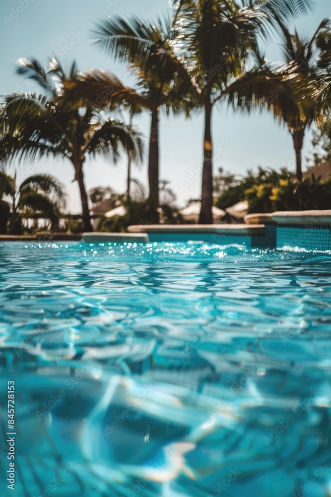 Poster a serene scene of a swimming pool surrounded by palm trees