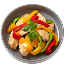 a plate of vibrant stir fry vegetables, including bell peppers and red onions, garnished with sliced chicken and fresh cilantro leaves.