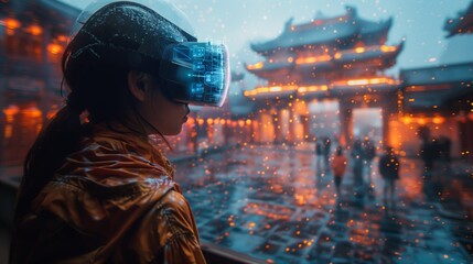 A person wearing a virtual reality headset experiences a holographic travel simulation of a bustling Asian landmark.